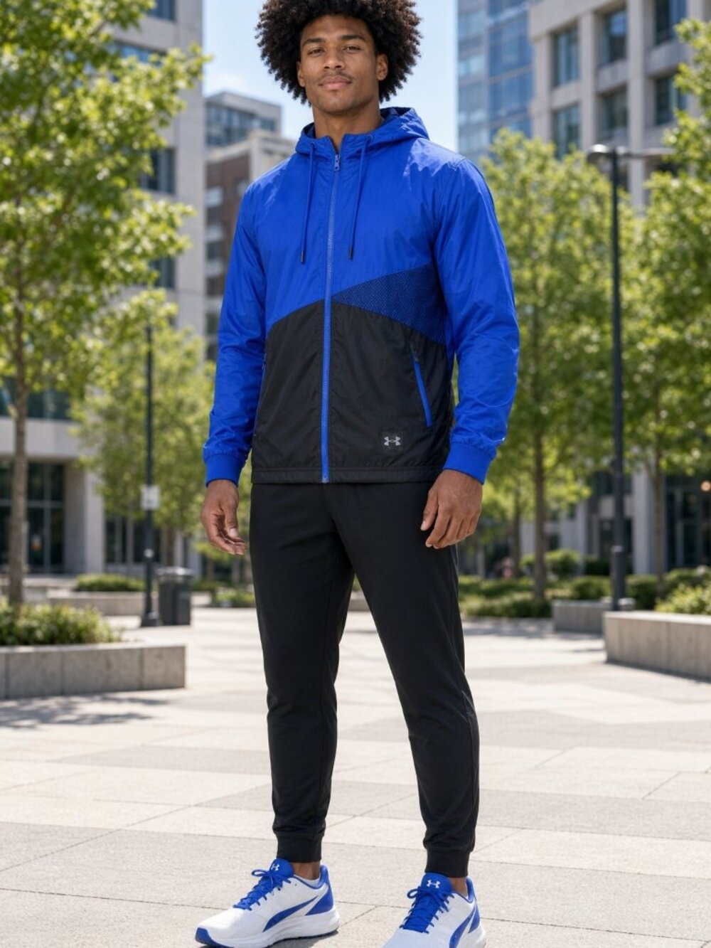 Under Armour Men Black Blue Sports Windbreaker Jog Jacket Lightweight US S